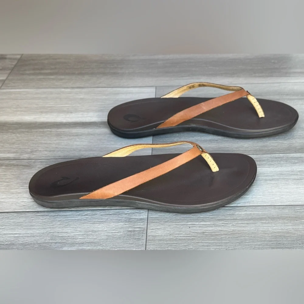 OluKai Ho'opio Leather Sandals Tapa / Golden Sand Women’s Size 9 - Picture 5 of 7